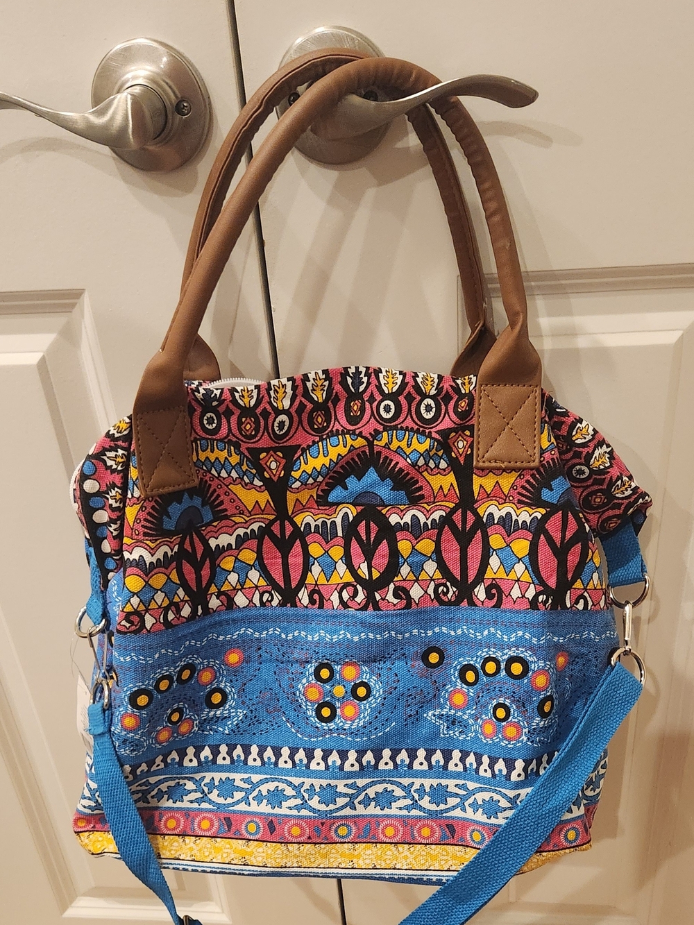 Colorful Patterned Tote Bag with Blue Accents - Picture 2 of 4